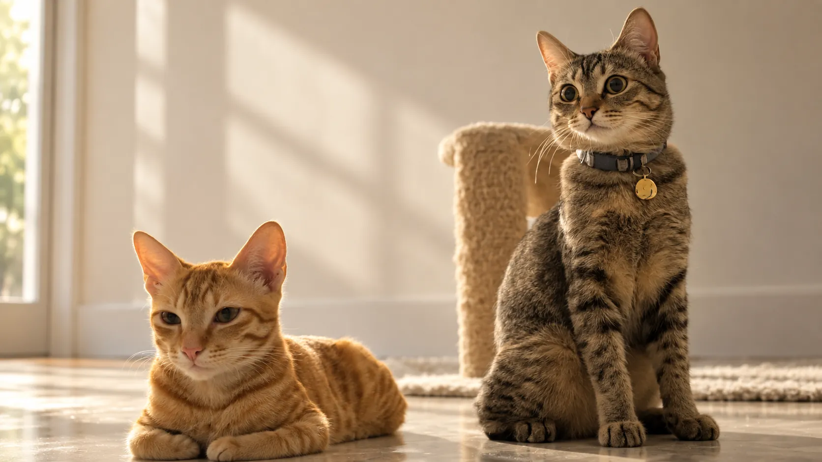 Whisky, the orange tabby, resting beside Pedro, the grey tabby